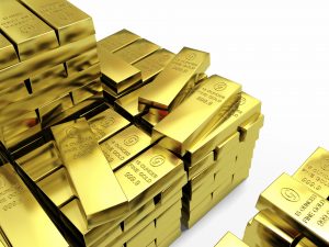 Stacked bars of gold bullion against a white background. 3D render with HDRI lighting and raytraced textures.